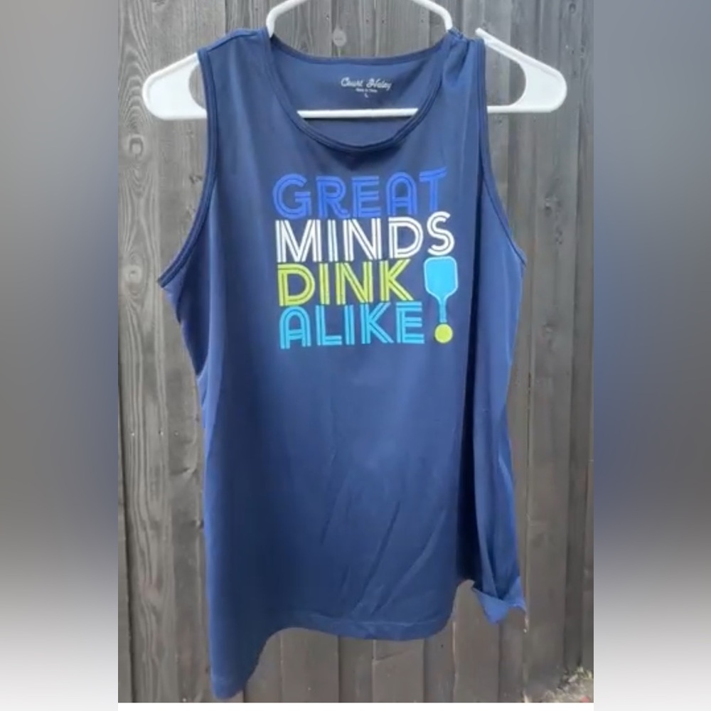 Pickleball graphic tank top tee shirt women's navy GREAT MINDS DINK ALIKE Sz L